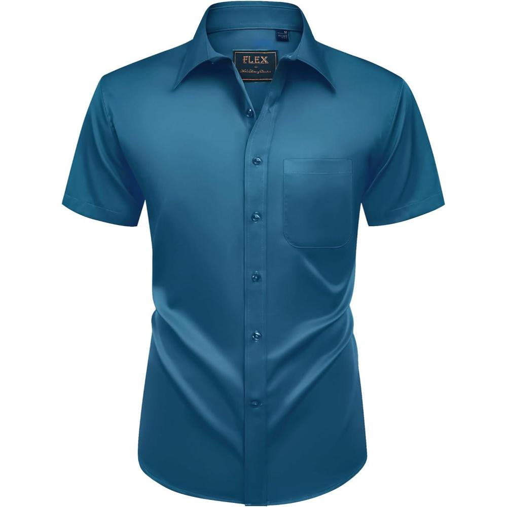 imageAlimens amp Gentle Mens Short Sleeve Dress Shirts Wrinkle Free Solid Casual Button Down Shirts with PocketAzure Blue