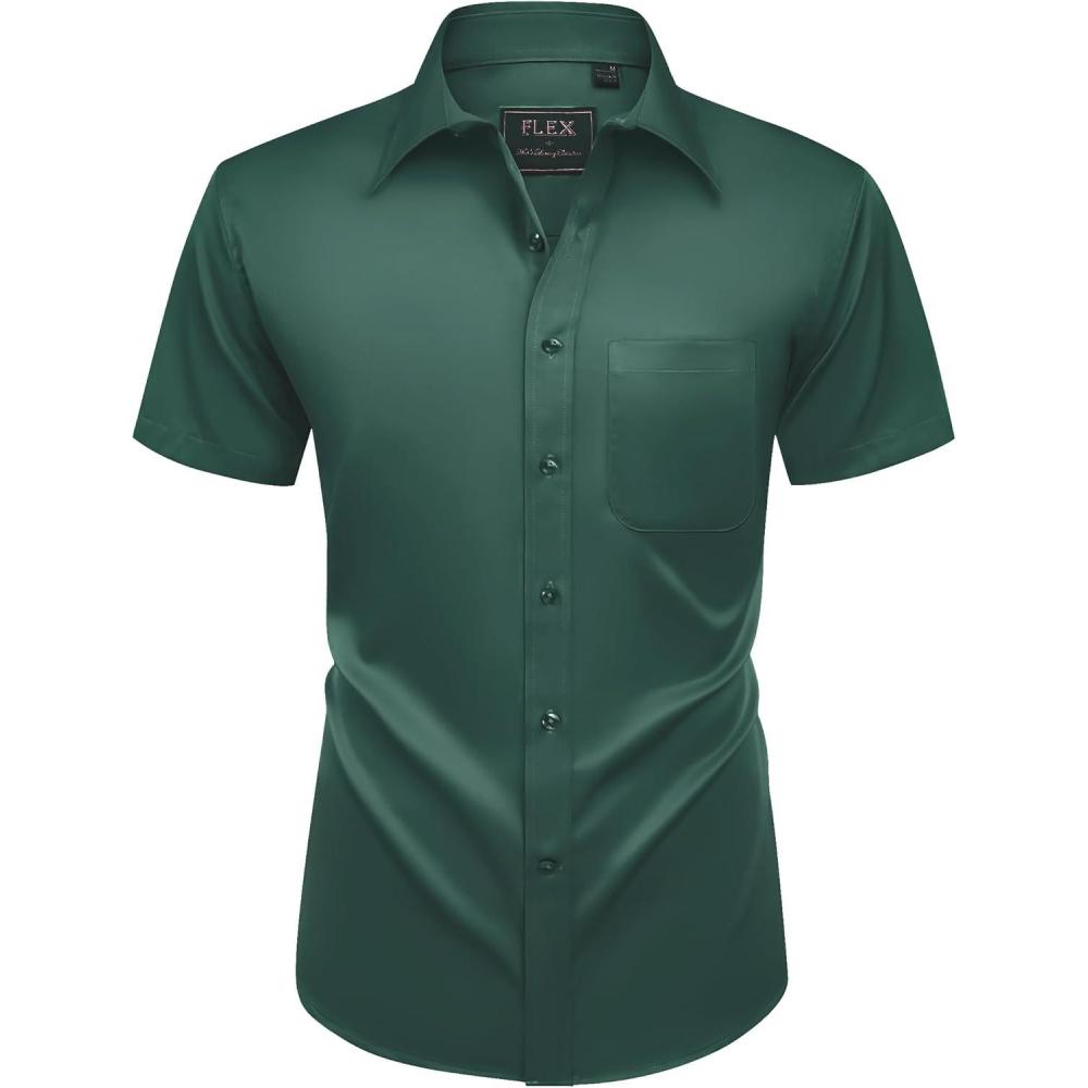 imageAlimens amp Gentle Mens Short Sleeve Dress Shirts Wrinkle Free Solid Casual Button Down Shirts with PocketDark Green