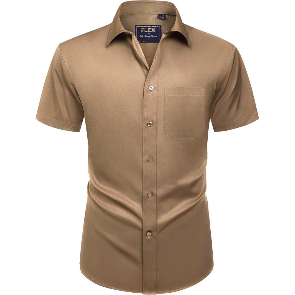imageAlimens amp Gentle Mens Short Sleeve Dress Shirts Wrinkle Free Solid Casual Button Down Shirts with PocketDark Khaki