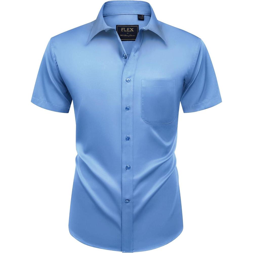 imageAlimens amp Gentle Mens Short Sleeve Dress Shirts Wrinkle Free Solid Casual Button Down Shirts with PocketIndigo Blue