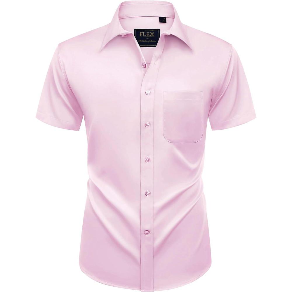 imageAlimens amp Gentle Mens Short Sleeve Dress Shirts Wrinkle Free Solid Casual Button Down Shirts with PocketLight Pink
