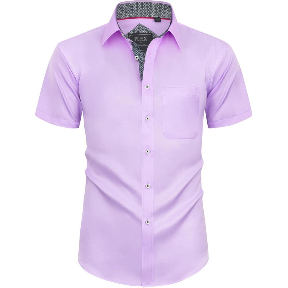 imageAlimens amp Gentle Mens Short Sleeve Dress Shirts Wrinkle Free Solid Casual Button Down Shirts with PocketLight Purple