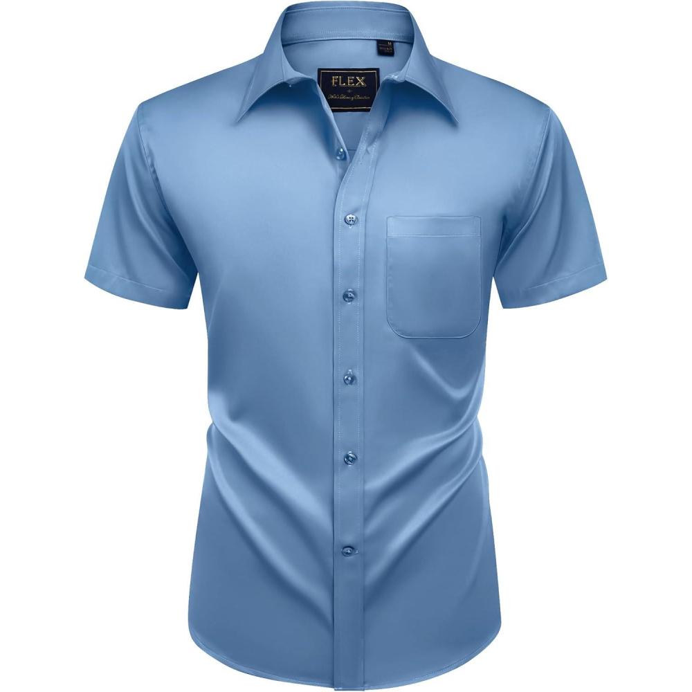imageAlimens amp Gentle Mens Short Sleeve Dress Shirts Wrinkle Free Solid Casual Button Down Shirts with PocketMisty Blue