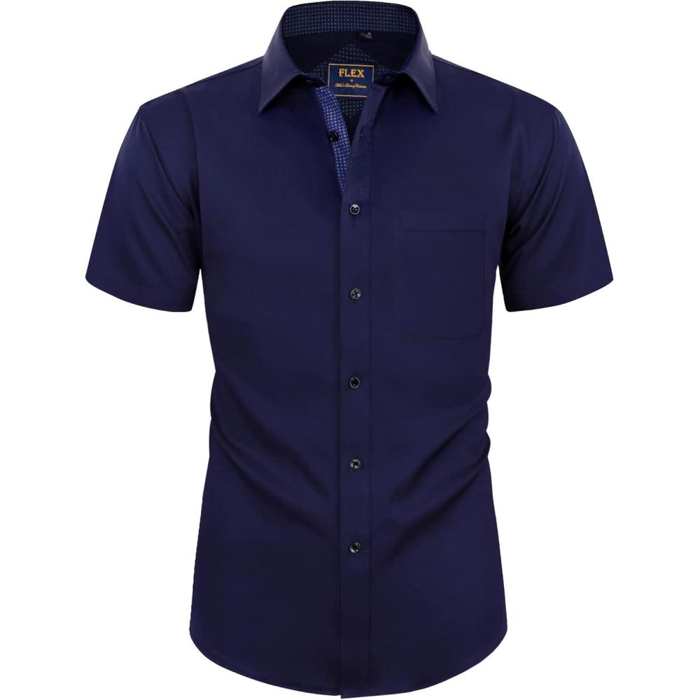 imageAlimens amp Gentle Mens Short Sleeve Dress Shirts Wrinkle Free Solid Casual Button Down Shirts with PocketNavy Blue
