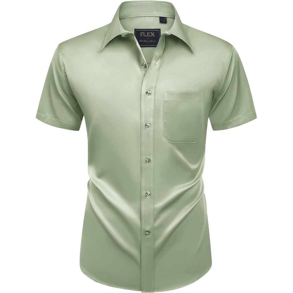 imageAlimens amp Gentle Mens Short Sleeve Dress Shirts Wrinkle Free Solid Casual Button Down Shirts with PocketSage Green