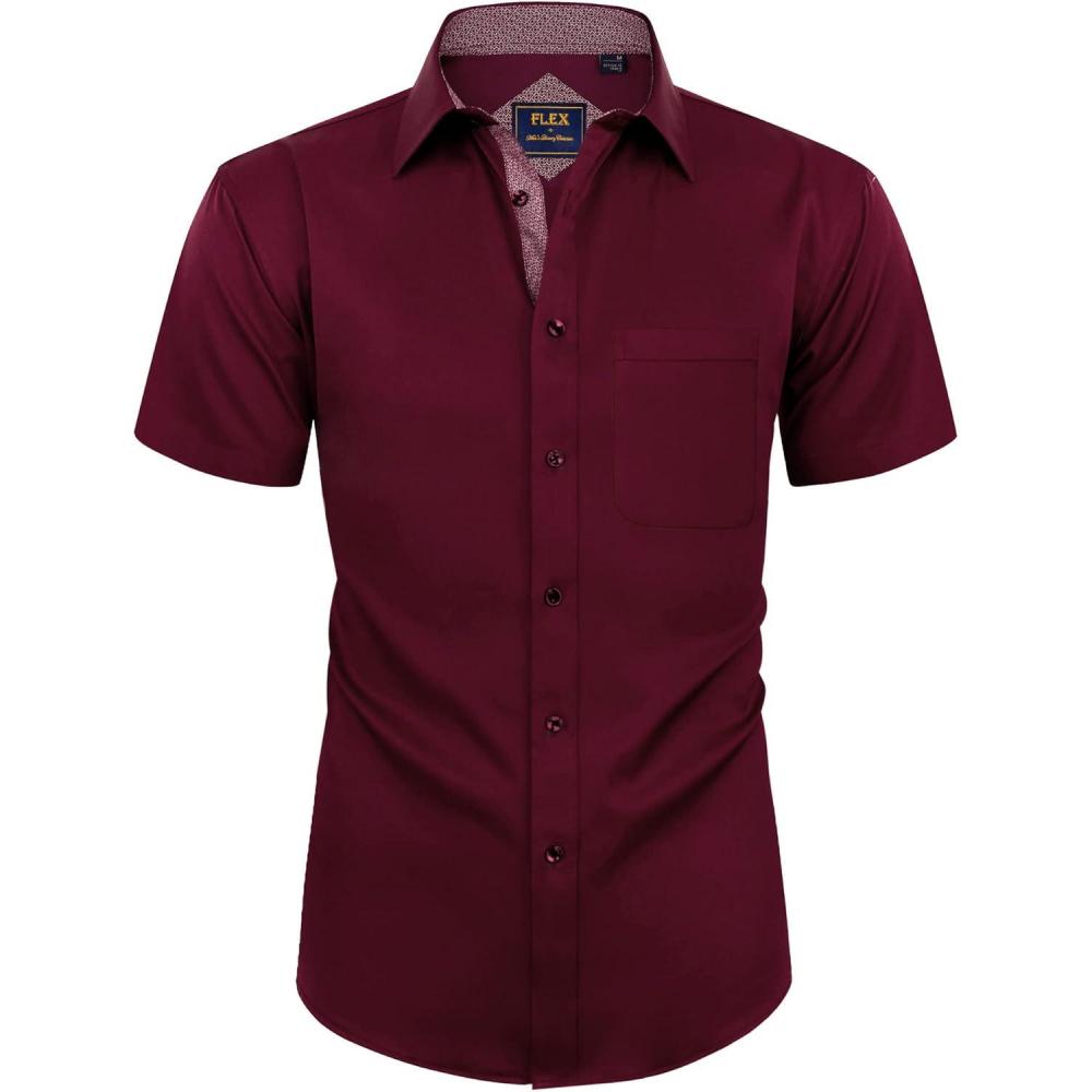 imageAlimens amp Gentle Mens Short Sleeve Dress Shirts Wrinkle Free Solid Casual Button Down Shirts with PocketWine Red