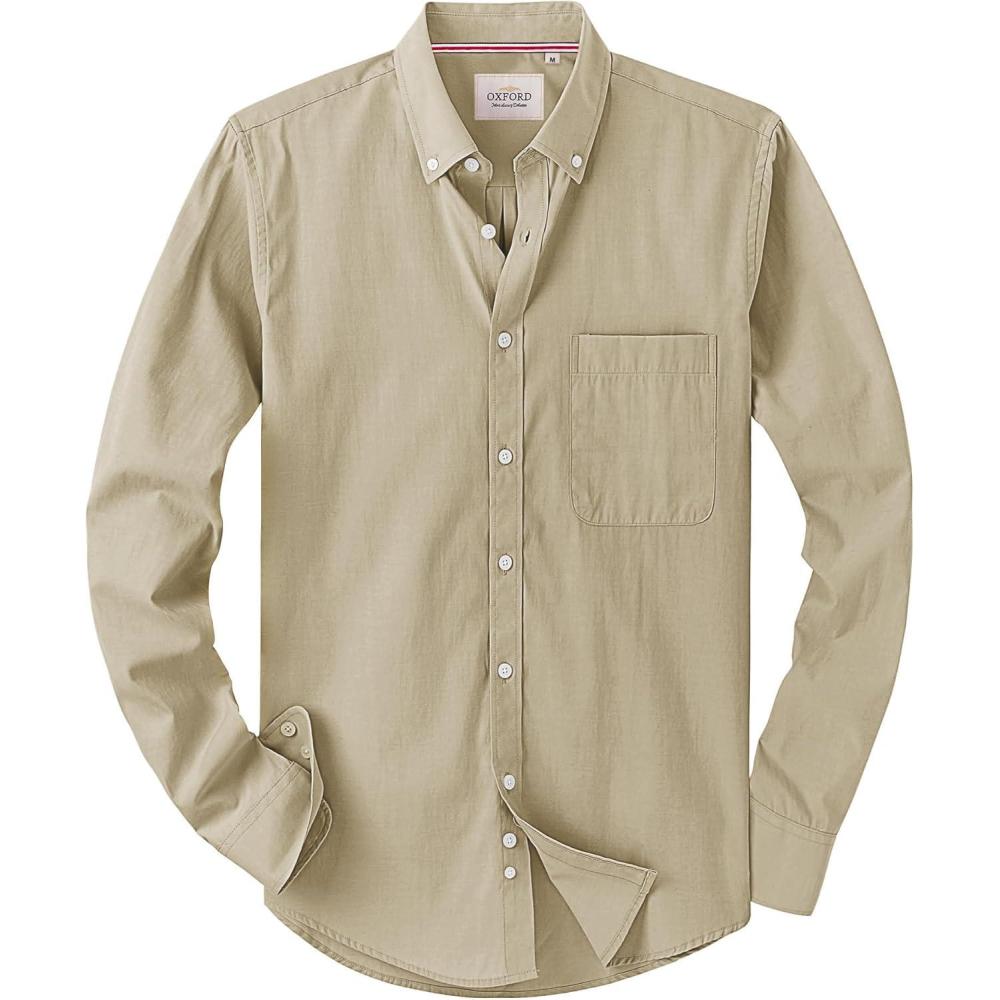 imageAlimens amp Gentle Mens Solid Oxford Shirt Long Sleeve Dress Shirt Work Casual Button Down Shirts with PocketLight Khaki
