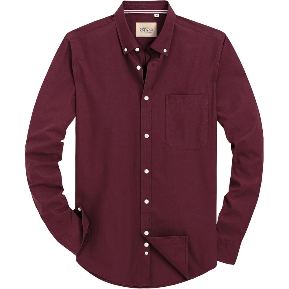 imageAlimens amp Gentle Mens Solid Oxford Shirt Long Sleeve Dress Shirt Work Casual Button Down Shirts with PocketWine Red