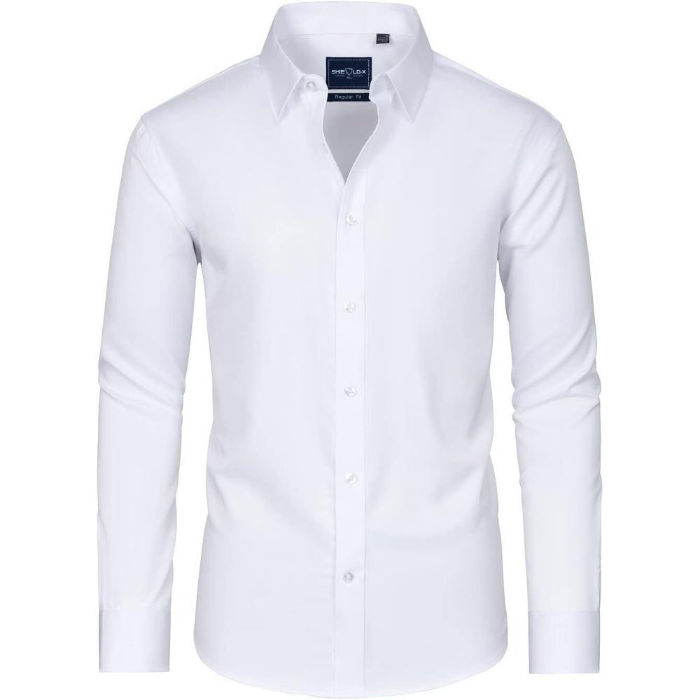 imageAlimens amp Gentle Slim Fit Dress Shirts for Men Long Sleeve Stretch Stain Proof Wrinkle Free Button Down Shirts Formal ShirtsAll White