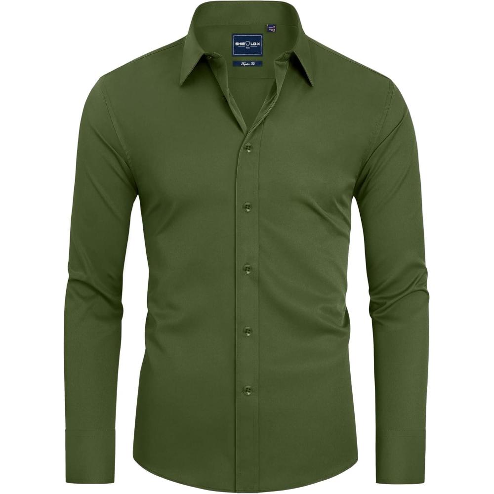 imageAlimens amp Gentle Slim Fit Dress Shirts for Men Long Sleeve Stretch Stain Proof Wrinkle Free Button Down Shirts Formal ShirtsArmy Green