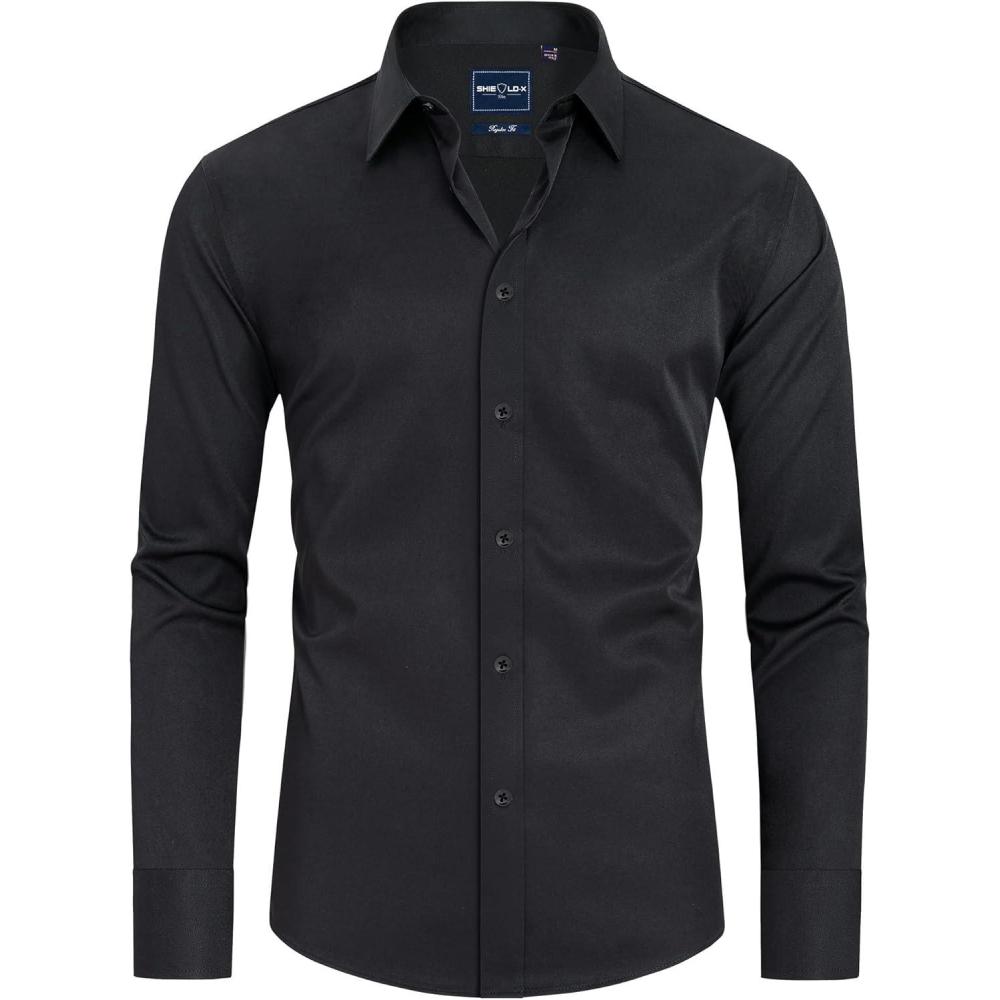imageAlimens amp Gentle Slim Fit Dress Shirts for Men Long Sleeve Stretch Stain Proof Wrinkle Free Button Down Shirts Formal ShirtsBlack