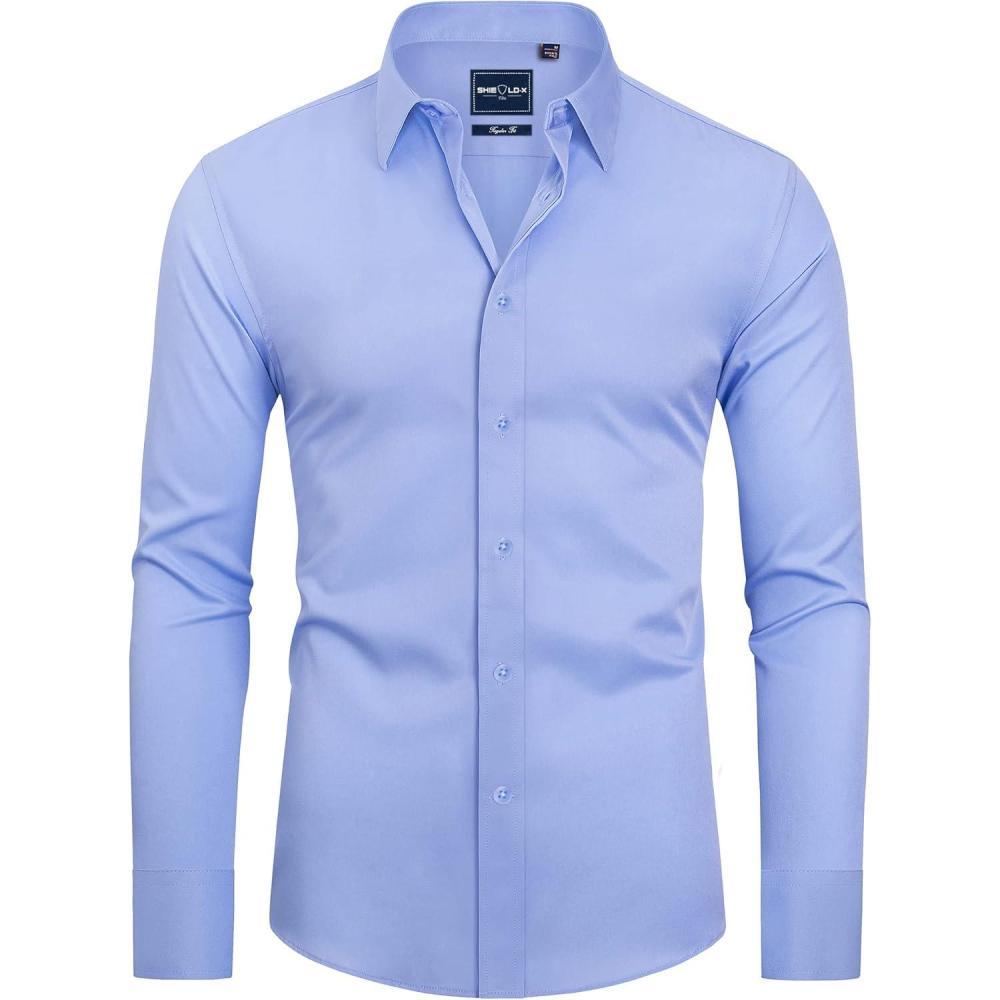 imageAlimens amp Gentle Slim Fit Dress Shirts for Men Long Sleeve Stretch Stain Proof Wrinkle Free Button Down Shirts Formal ShirtsBlue Vlet