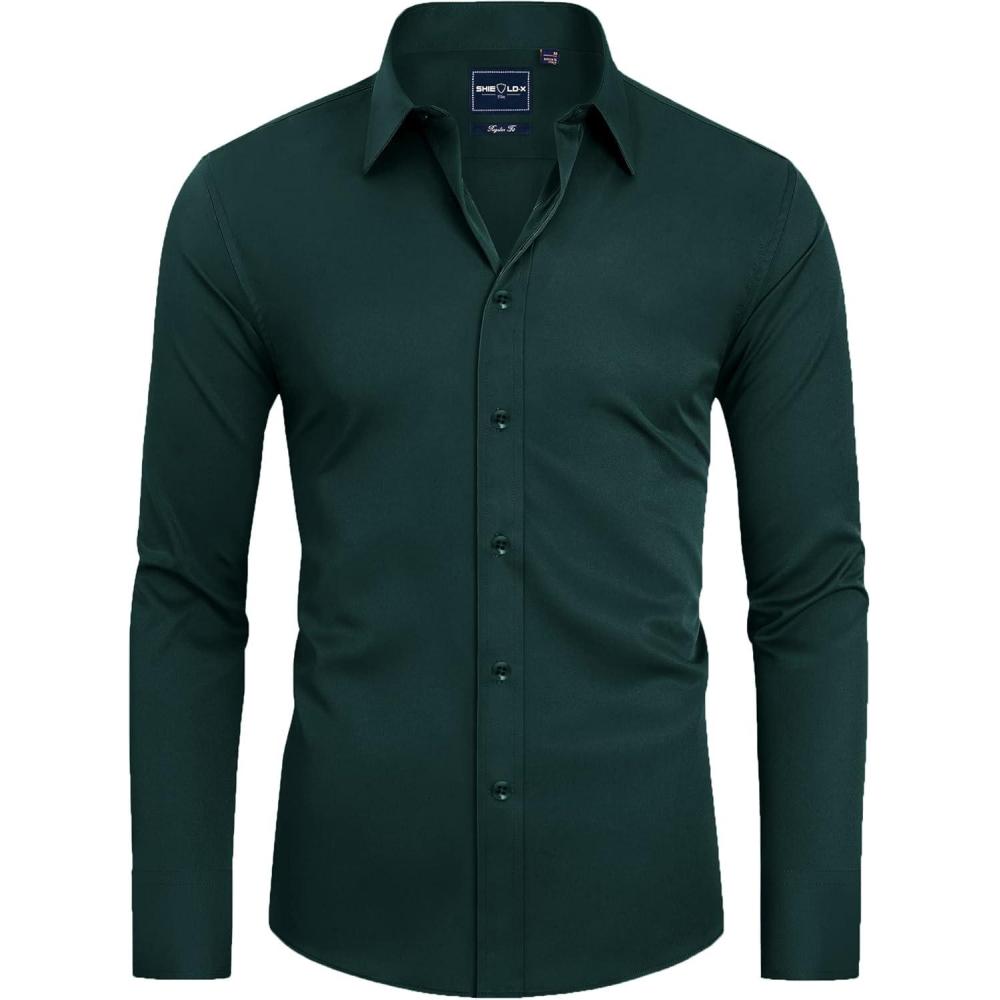 imageAlimens amp Gentle Slim Fit Dress Shirts for Men Long Sleeve Stretch Stain Proof Wrinkle Free Button Down Shirts Formal ShirtsDark Green