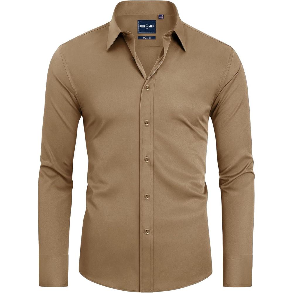 imageAlimens amp Gentle Slim Fit Dress Shirts for Men Long Sleeve Stretch Stain Proof Wrinkle Free Button Down Shirts Formal ShirtsDark Khaki
