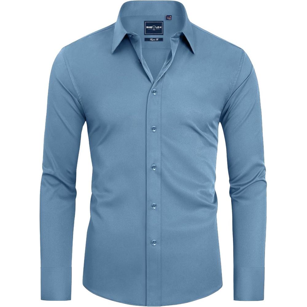 imageAlimens amp Gentle Slim Fit Dress Shirts for Men Long Sleeve Stretch Stain Proof Wrinkle Free Button Down Shirts Formal ShirtsDenim Blue