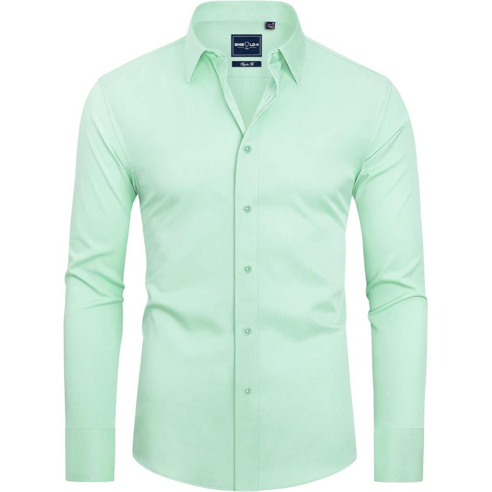 imageAlimens amp Gentle Slim Fit Dress Shirts for Men Long Sleeve Stretch Stain Proof Wrinkle Free Button Down Shirts Formal ShirtsGrass Green
