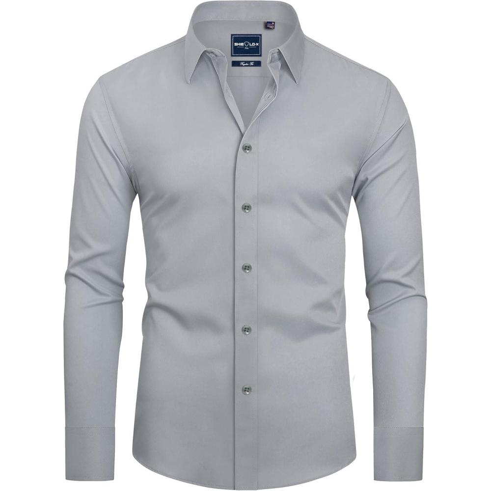 imageAlimens amp Gentle Slim Fit Dress Shirts for Men Long Sleeve Stretch Stain Proof Wrinkle Free Button Down Shirts Formal ShirtsLight Grey