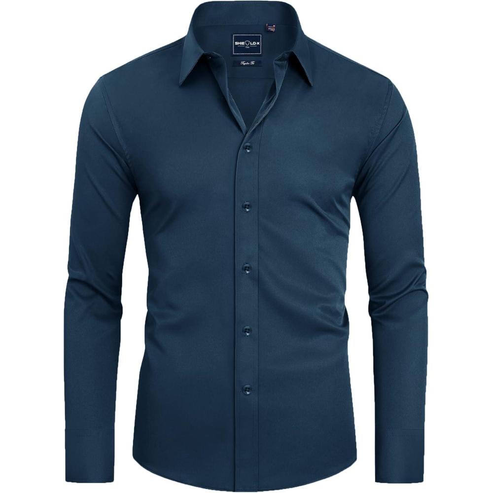 imageAlimens amp Gentle Slim Fit Dress Shirts for Men Long Sleeve Stretch Stain Proof Wrinkle Free Button Down Shirts Formal ShirtsLight Navy