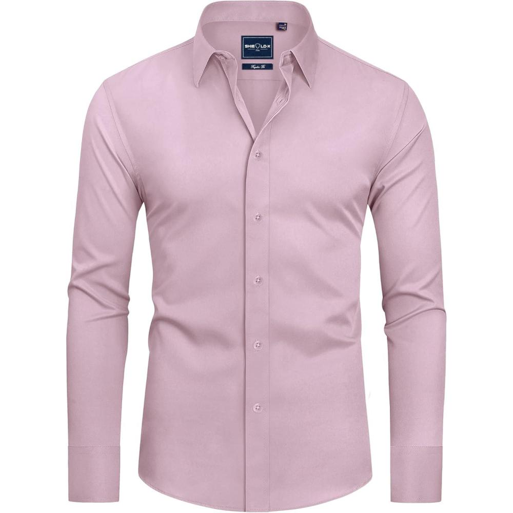 imageAlimens amp Gentle Slim Fit Dress Shirts for Men Long Sleeve Stretch Stain Proof Wrinkle Free Button Down Shirts Formal ShirtsLight Pink