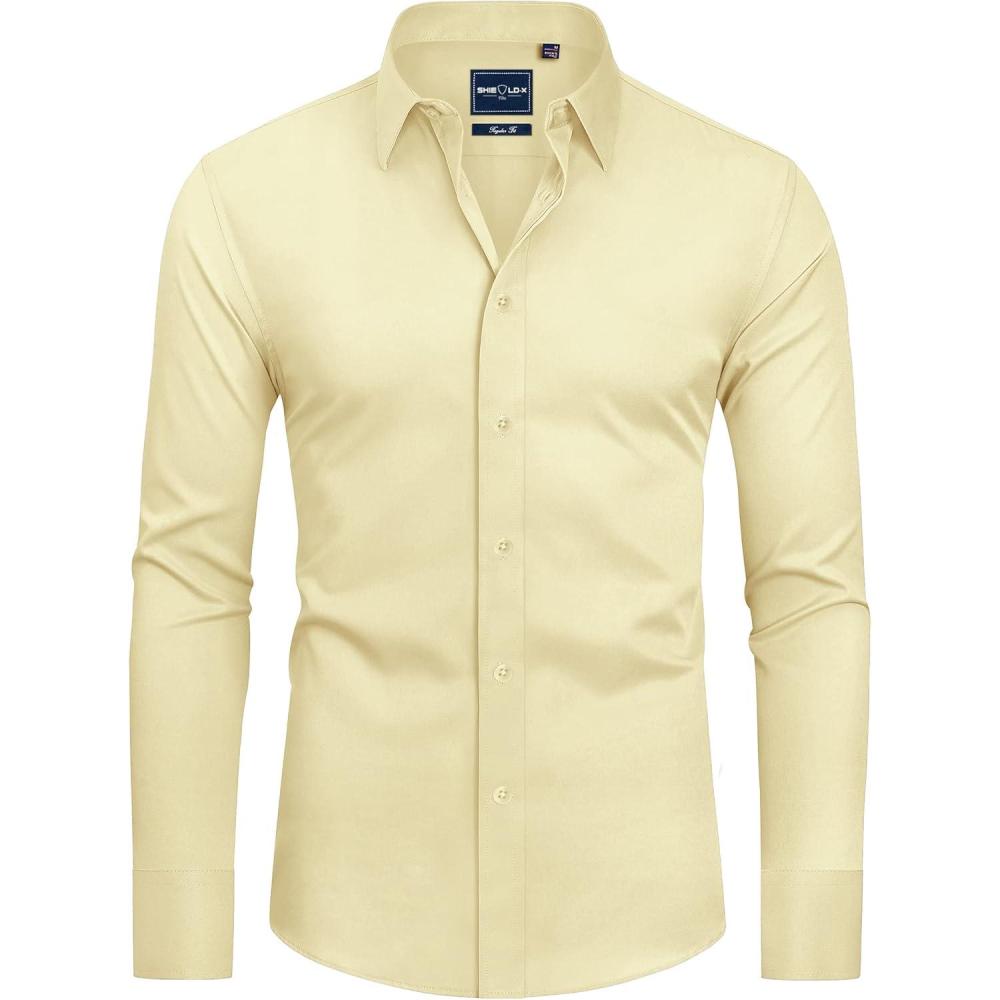 imageAlimens amp Gentle Slim Fit Dress Shirts for Men Long Sleeve Stretch Stain Proof Wrinkle Free Button Down Shirts Formal ShirtsLight Yellow
