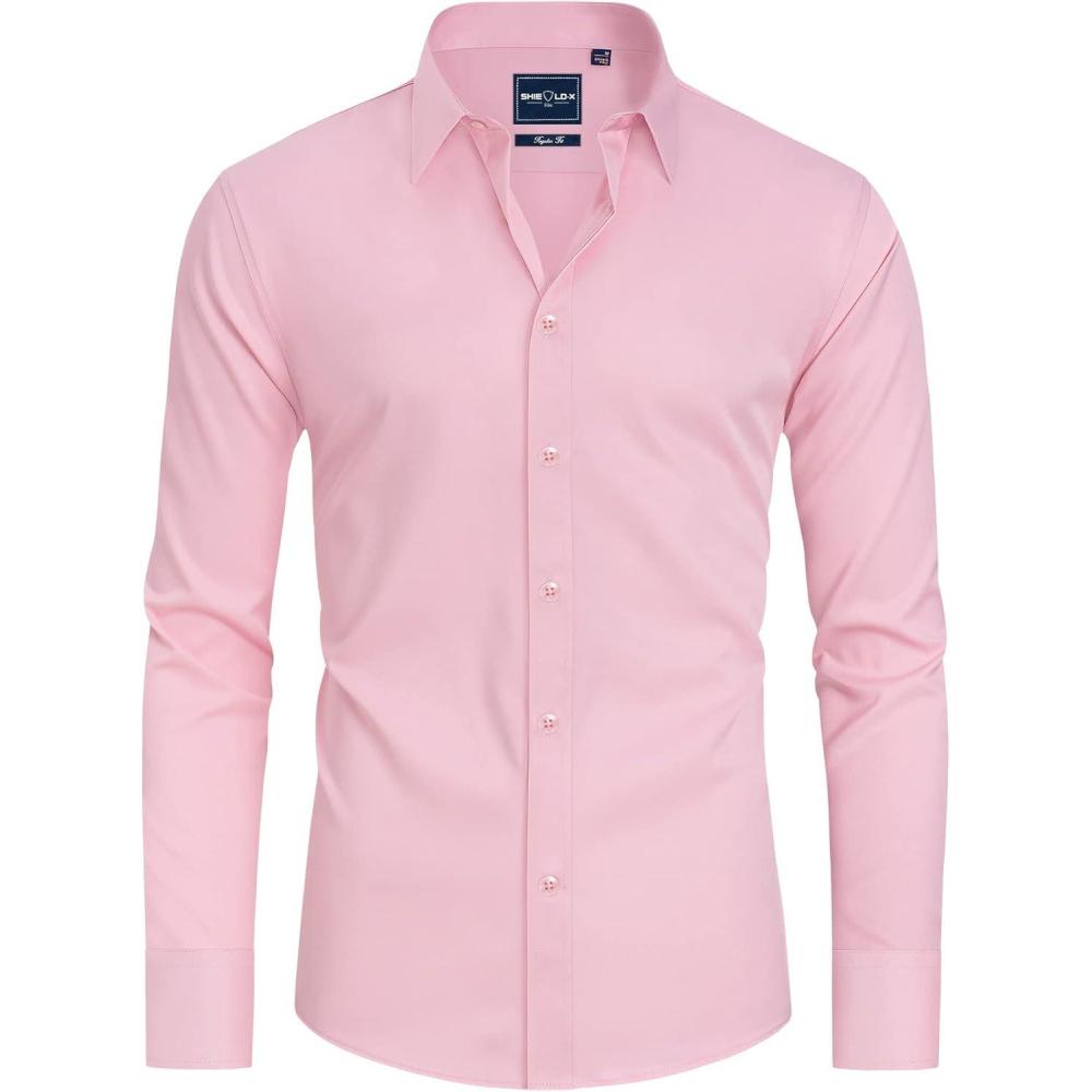 imageAlimens amp Gentle Slim Fit Dress Shirts for Men Long Sleeve Stretch Stain Proof Wrinkle Free Button Down Shirts Formal ShirtsPink