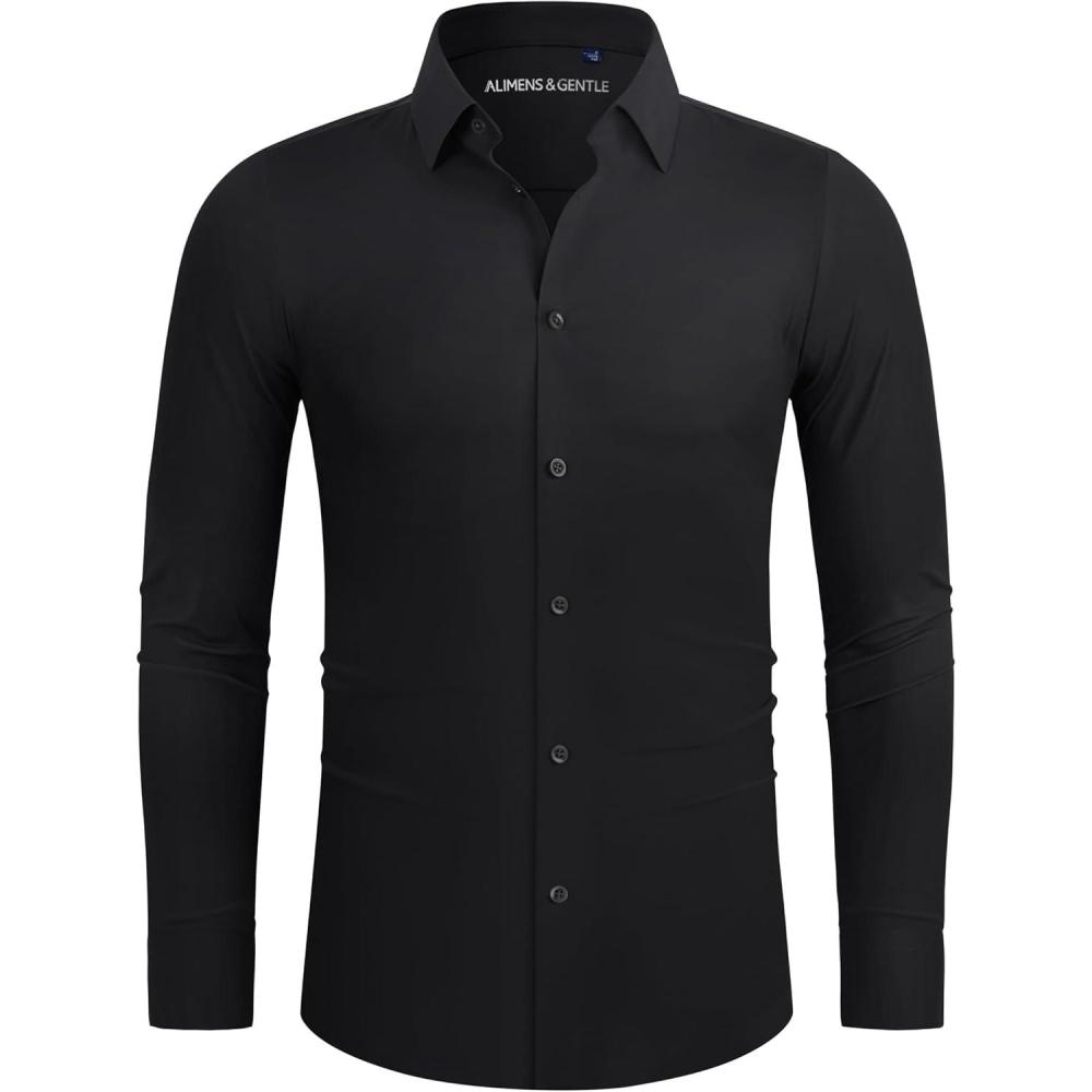 imageAlimens amp Gentle Stretch Mens Dress Shirts Slim Fit Long Sleeve Casual Skinny Muscle Fit Wrinkle Free Button Down ShirtBlack