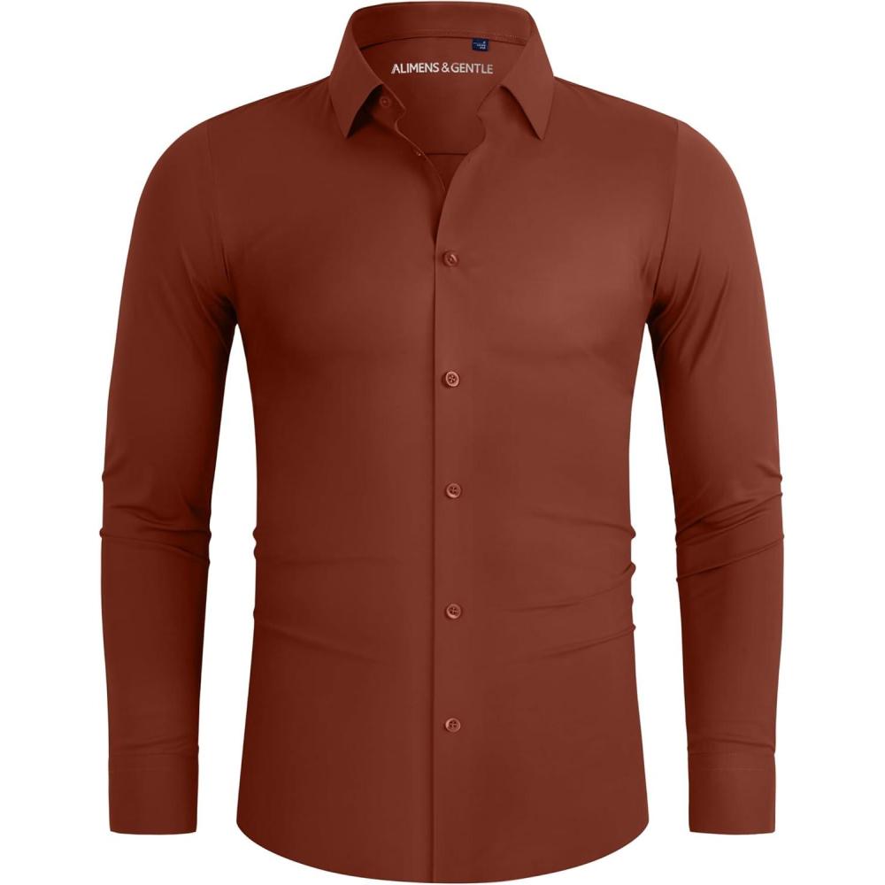 imageAlimens amp Gentle Stretch Mens Dress Shirts Slim Fit Long Sleeve Casual Skinny Muscle Fit Wrinkle Free Button Down ShirtBrown