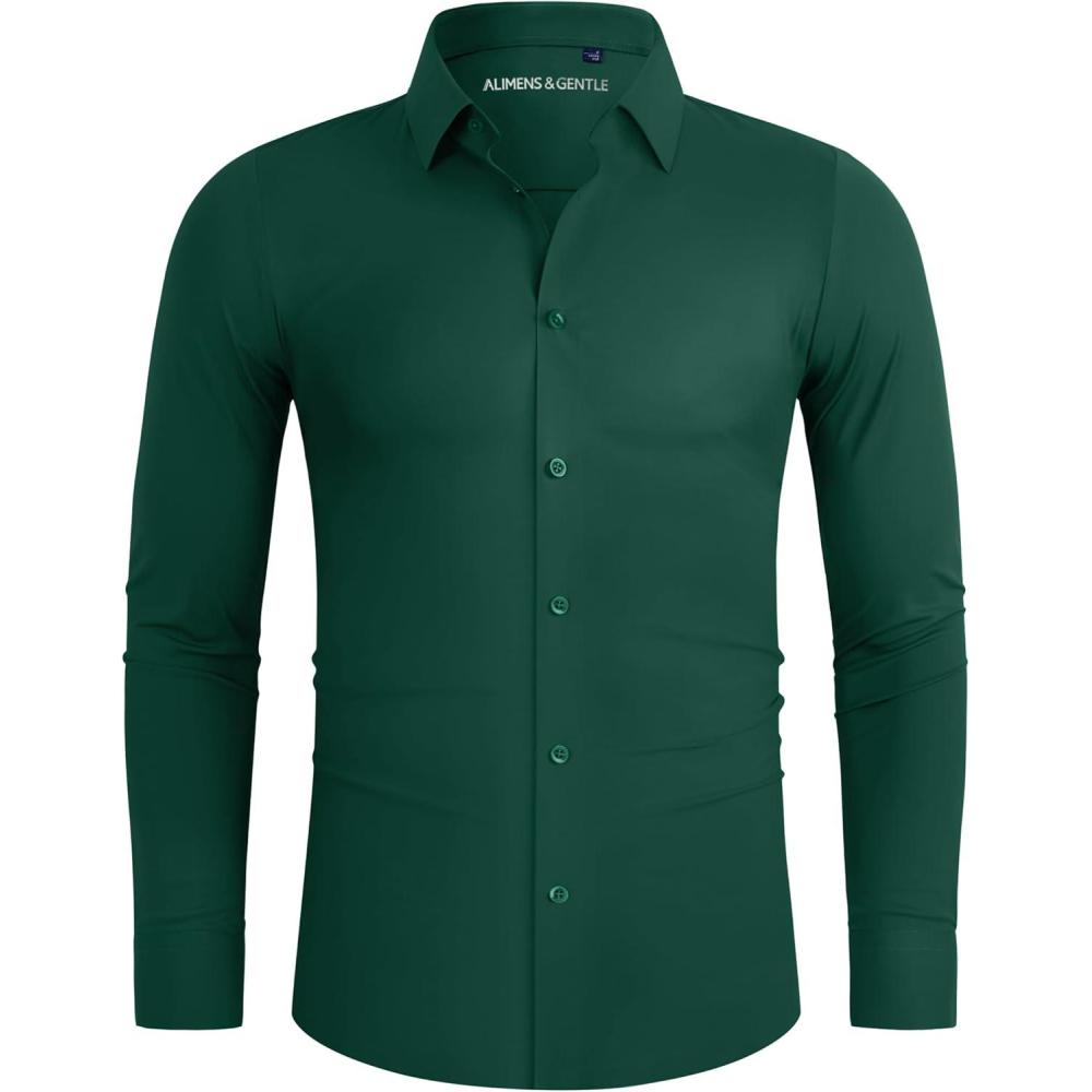 imageAlimens amp Gentle Stretch Mens Dress Shirts Slim Fit Long Sleeve Casual Skinny Muscle Fit Wrinkle Free Button Down ShirtGreen