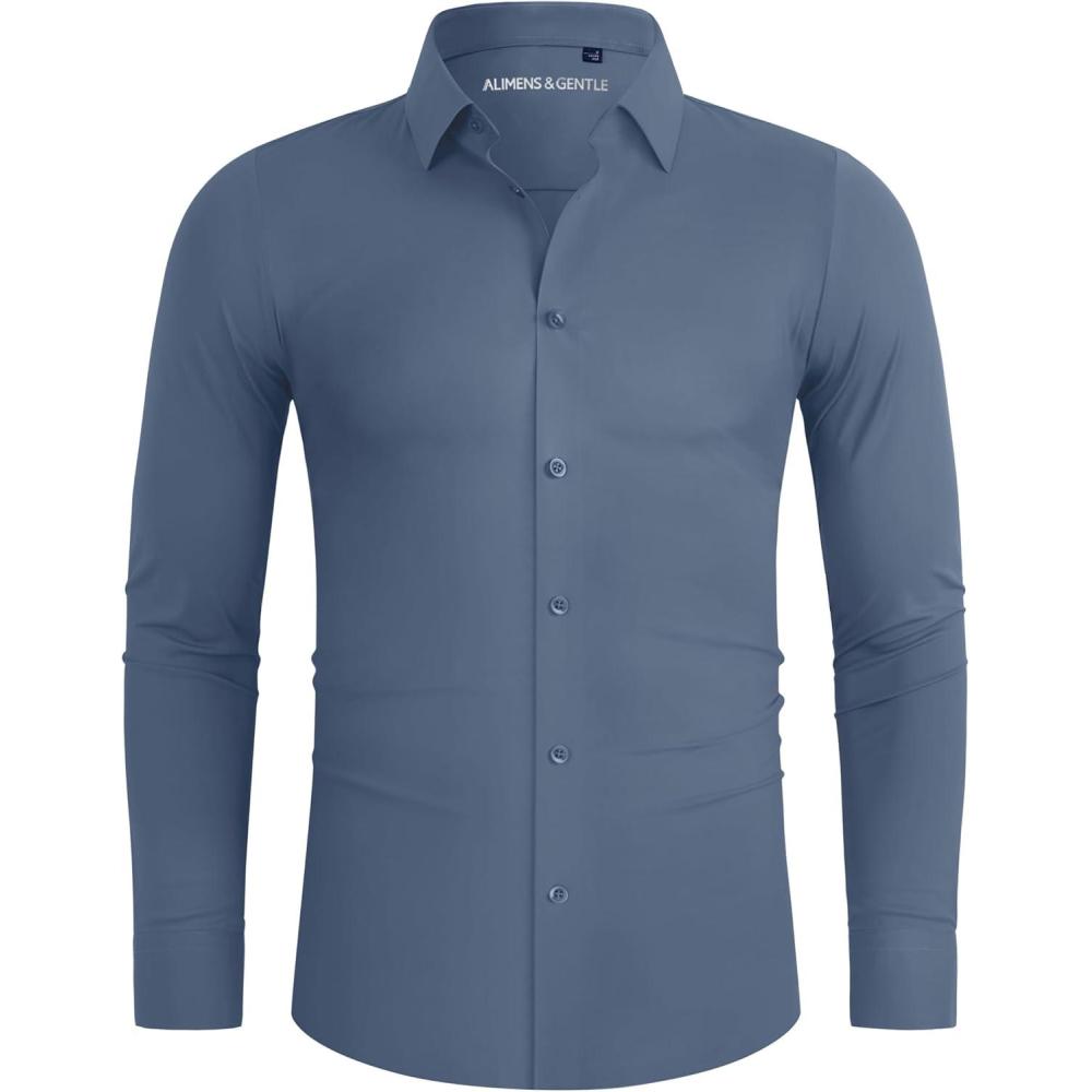 imageAlimens amp Gentle Stretch Mens Dress Shirts Slim Fit Long Sleeve Casual Skinny Muscle Fit Wrinkle Free Button Down ShirtInfinity Blue