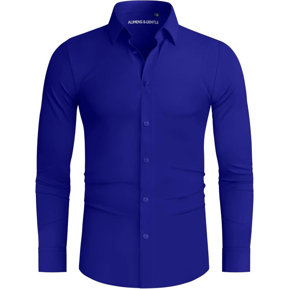 imageAlimens amp Gentle Stretch Mens Dress Shirts Slim Fit Long Sleeve Casual Skinny Muscle Fit Wrinkle Free Button Down ShirtKlein Blue