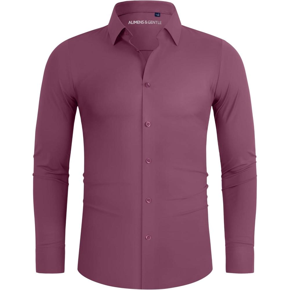imageAlimens amp Gentle Stretch Mens Dress Shirts Slim Fit Long Sleeve Casual Skinny Muscle Fit Wrinkle Free Button Down ShirtMellow Mauve