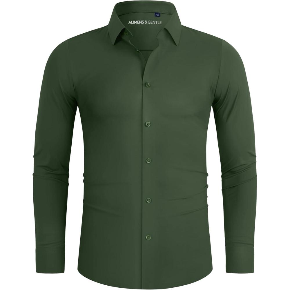 imageAlimens amp Gentle Stretch Mens Dress Shirts Slim Fit Long Sleeve Casual Skinny Muscle Fit Wrinkle Free Button Down ShirtOlive