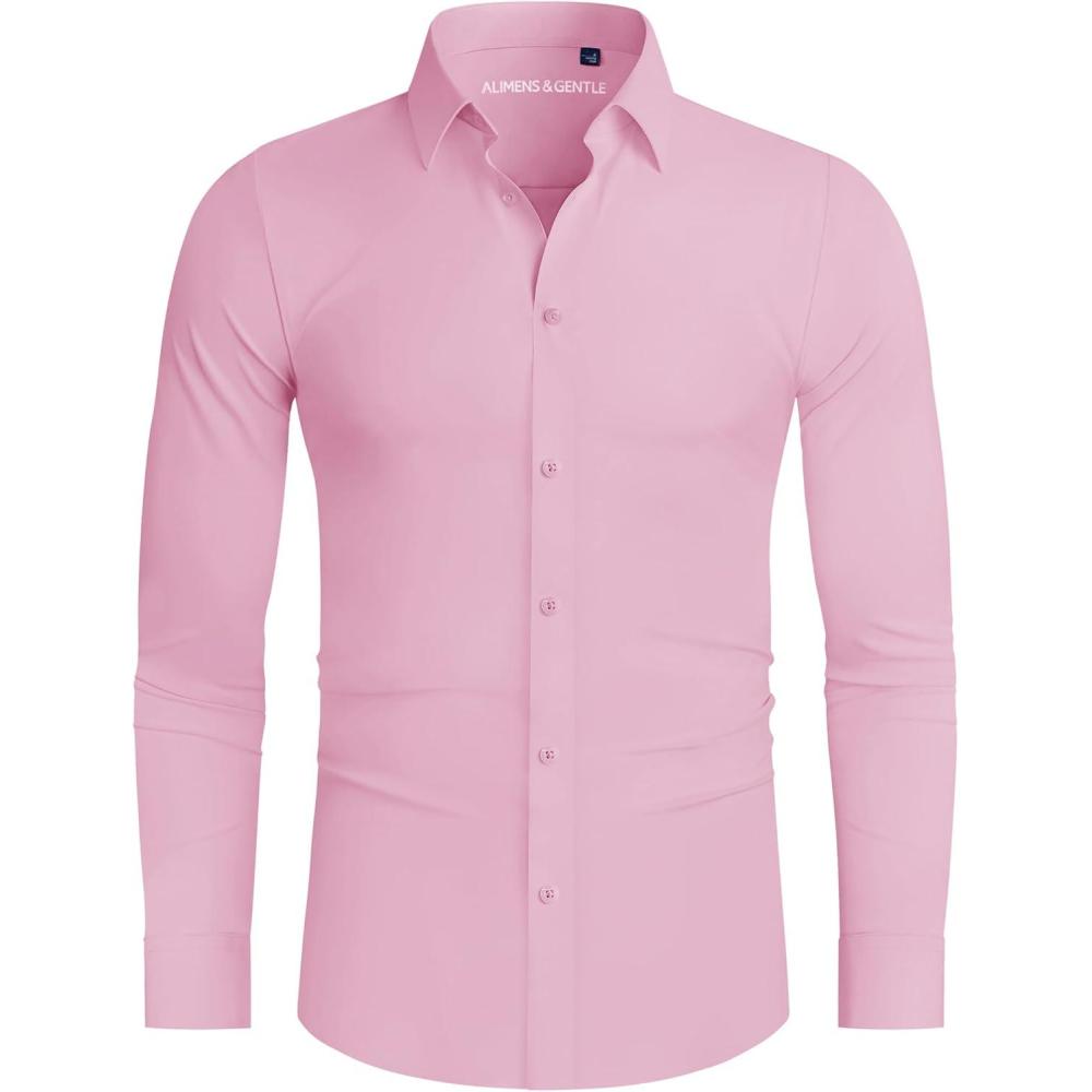imageAlimens amp Gentle Stretch Mens Dress Shirts Slim Fit Long Sleeve Casual Skinny Muscle Fit Wrinkle Free Button Down ShirtPink