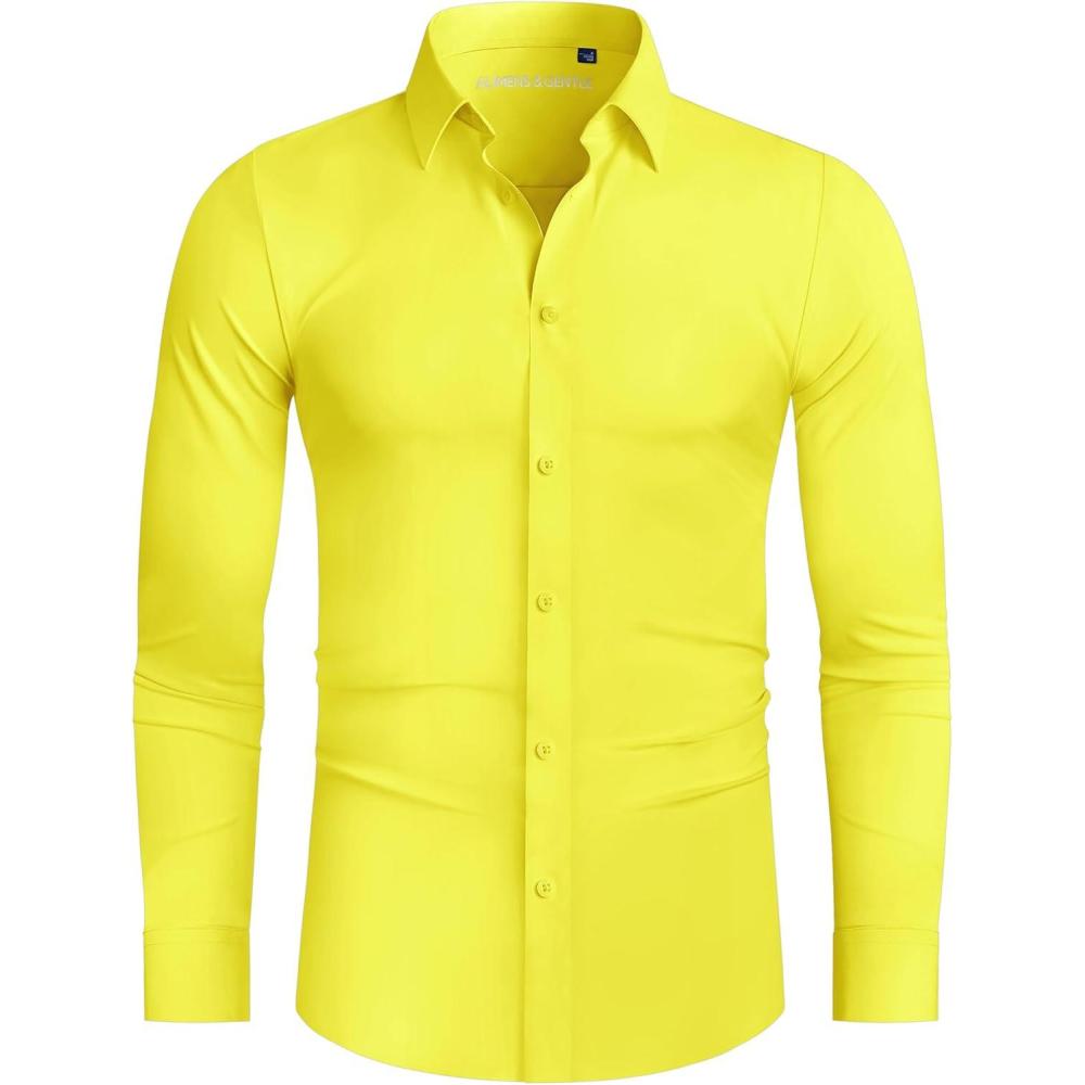 imageAlimens amp Gentle Stretch Mens Dress Shirts Slim Fit Long Sleeve Casual Skinny Muscle Fit Wrinkle Free Button Down ShirtYellow