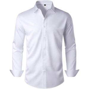 Alimens & Gentle Mens Anti Odor Dress Shirts Long Sleeve Wrinkle Free Stretch Button Down Shirt Business Formal Wedding(Classic White)