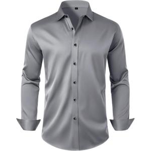 Alimens & Gentle Mens Anti Odor Dress Shirts Long Sleeve Wrinkle Free Stretch Button Down Shirt Business Formal Wedding(Grey)