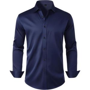 Alimens & Gentle Mens Anti Odor Dress Shirts Long Sleeve Wrinkle Free Stretch Button Down Shirt Business Formal Wedding(Navy Blue)