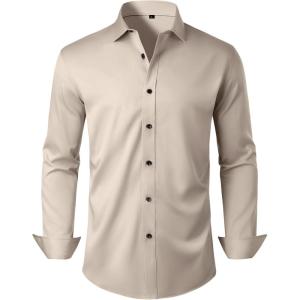 Alimens & Gentle Mens Anti Odor Dress Shirts Long Sleeve Wrinkle Free Stretch Button Down Shirt Business Formal Wedding(Tan)