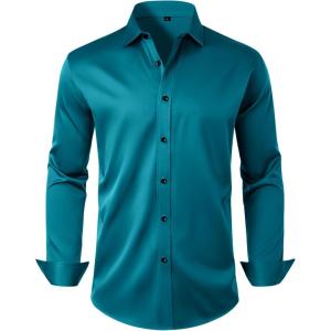 Alimens & Gentle Mens Anti Odor Dress Shirts Long Sleeve Wrinkle Free Stretch Button Down Shirt Business Formal Wedding(Teal)