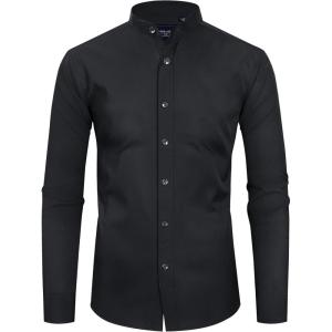 Alimens & Gentle Men’s Banded Collar Dress Shirts Wrinkle Free Long Sleeve Mandarin Collar Button Down Shirt(Black)