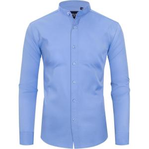 Alimens & Gentle Men’s Banded Collar Dress Shirts Wrinkle Free Long Sleeve Mandarin Collar Button Down Shirt(Blue)