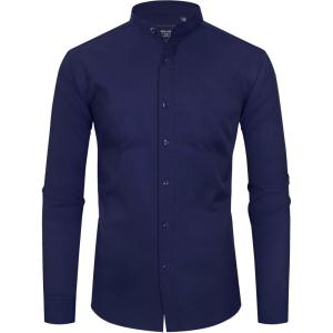 Alimens & Gentle Men’s Banded Collar Dress Shirts Wrinkle Free Long Sleeve Mandarin Collar Button Down Shirt(Navy)