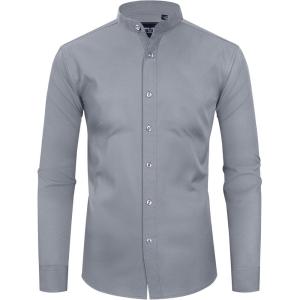 Alimens & Gentle Men’s Banded Collar Dress Shirts Wrinkle Free Long Sleeve Mandarin Collar Button Down Shirt(Silver Gray)