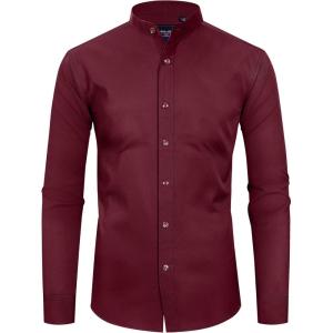 Alimens & Gentle Men’s Banded Collar Dress Shirts Wrinkle Free Long Sleeve Mandarin Collar Button Down Shirt(Wine Red)