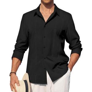 Alimens & Gentle Mens Cuban Guayabera Shirt Button Down Long Sleeve Summer Beach(02-black)
