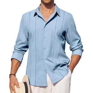 Alimens & Gentle Mens Cuban Guayabera Shirt Button Down Long Sleeve Summer Beach(03-grey Blue)