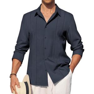 Alimens & Gentle Mens Cuban Guayabera Shirt Button Down Long Sleeve Summer Beach(07-navy Blue)
