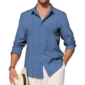 Alimens & Gentle Mens Cuban Guayabera Shirt Button Down Long Sleeve Summer Beach(08-dark Blue)