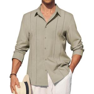 Alimens & Gentle Mens Cuban Guayabera Shirt Button Down Long Sleeve Summer Beach(11-khaki)