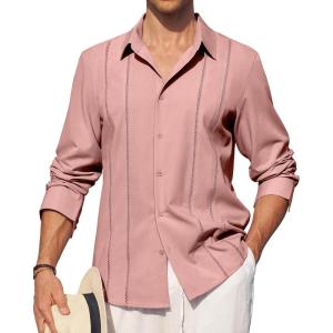 Alimens & Gentle Mens Cuban Guayabera Shirt Button Down Long Sleeve Summer Beach(15-dusty Pink)